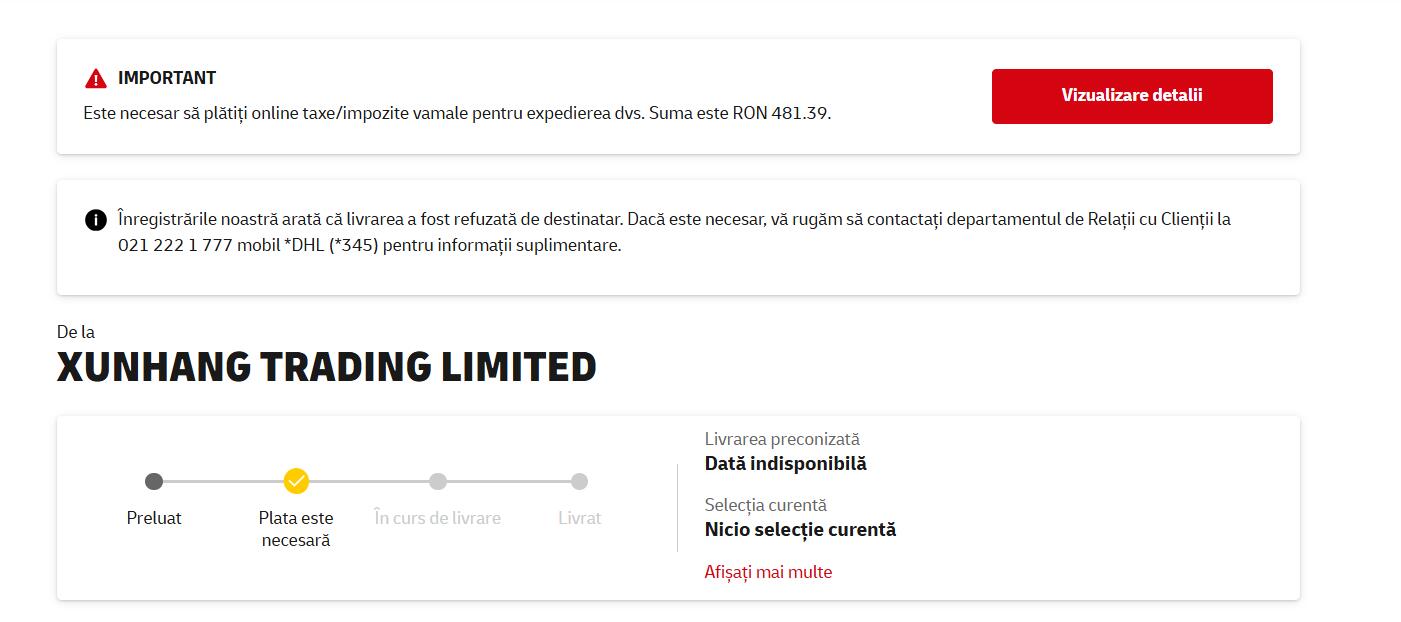 DHL Romania tracking payment required RON 481.39 shipment 5979629246