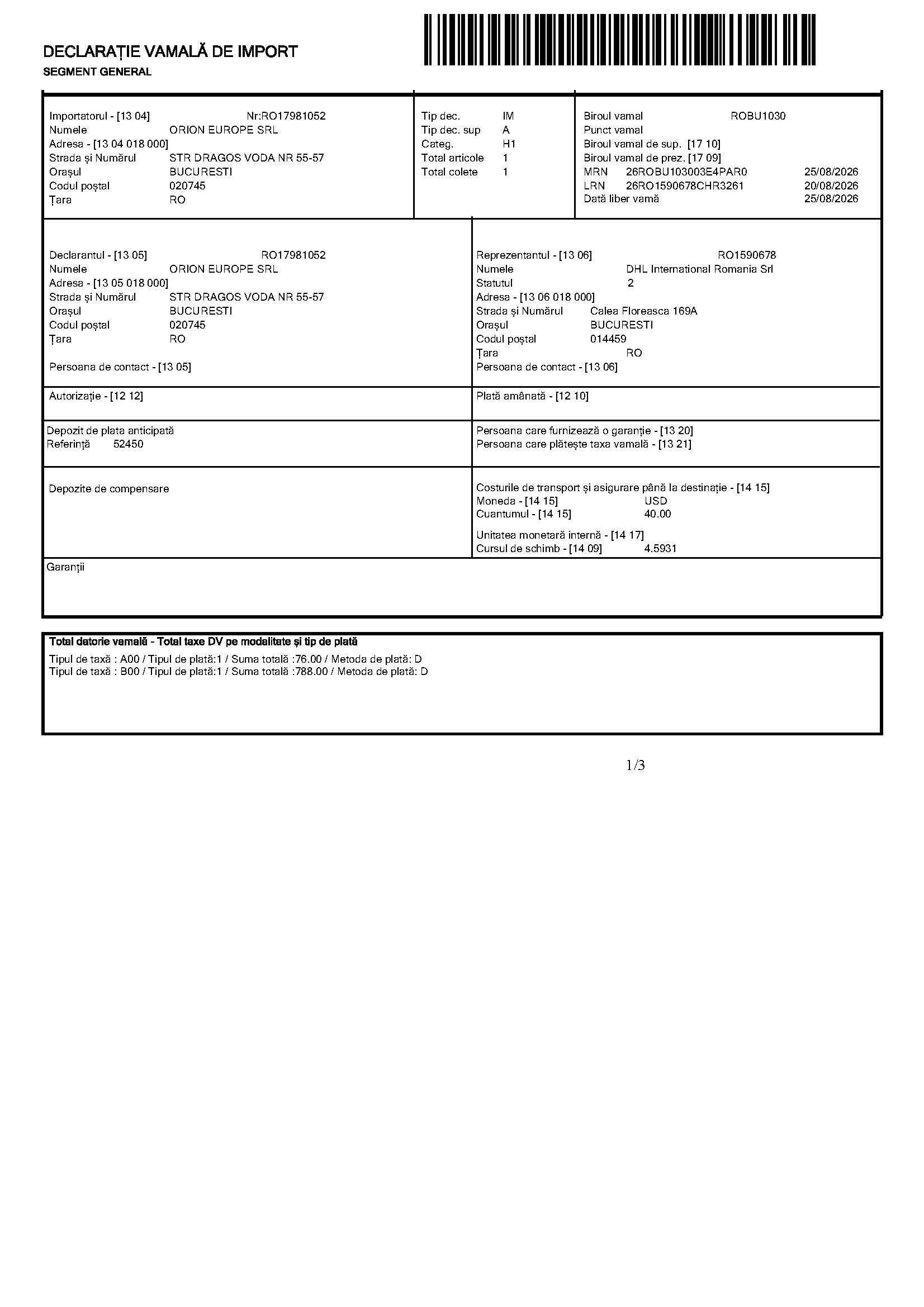 Romania import customs declaration page 1 MRN 26ROBU103003E4PAR0