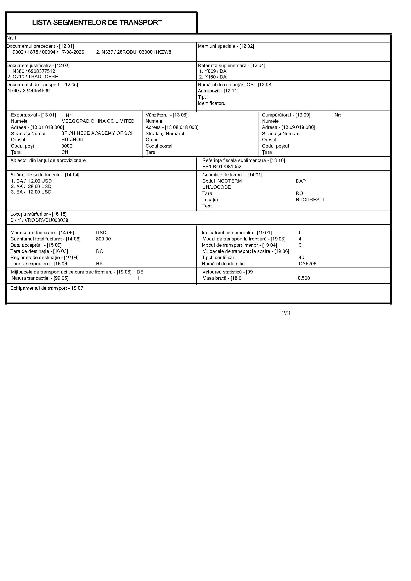 Romania import customs declaration page 2 shipment 3344454536 invoice USD 800