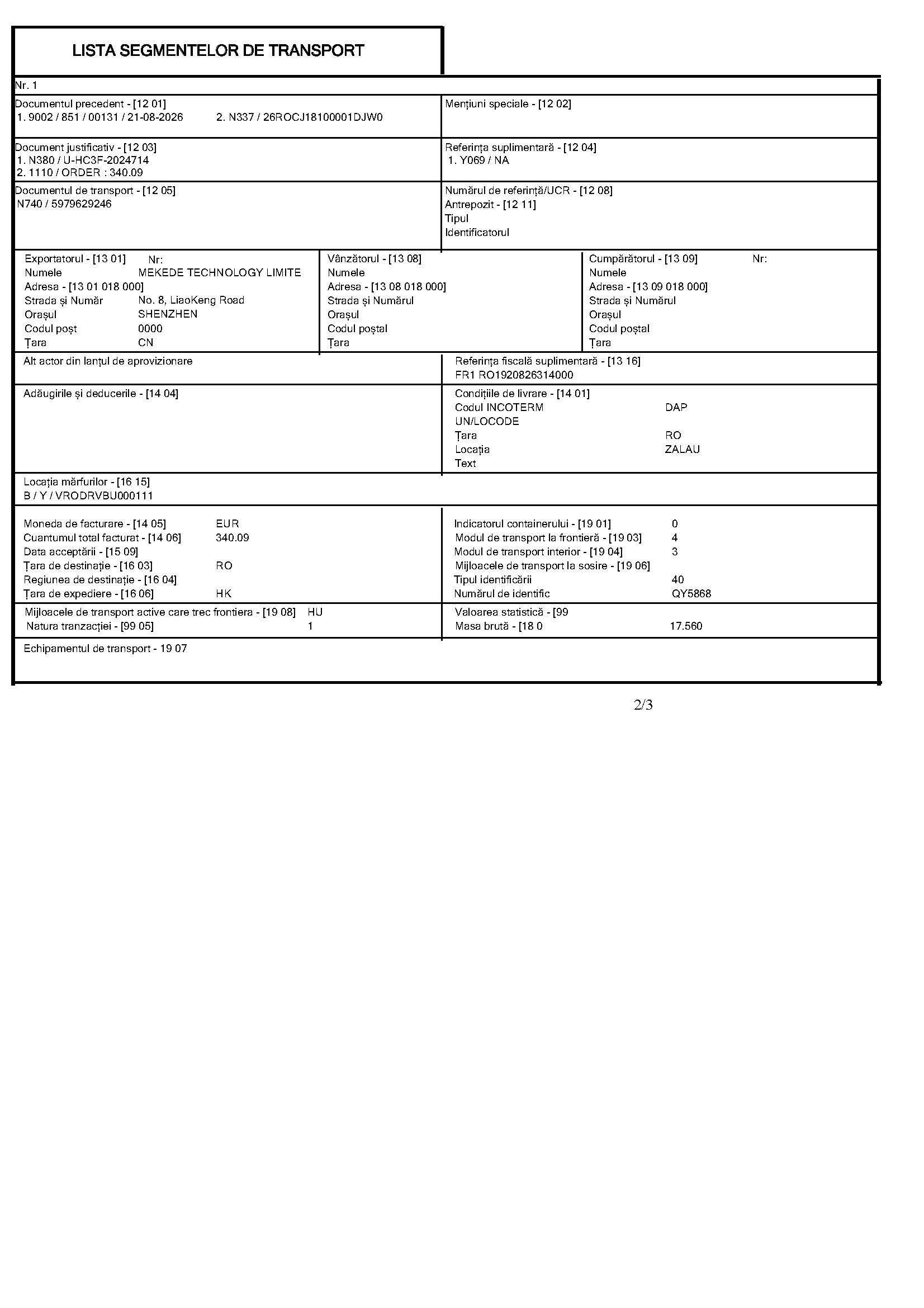 Romania import customs declaration page 2 DHL shipment 5979629246