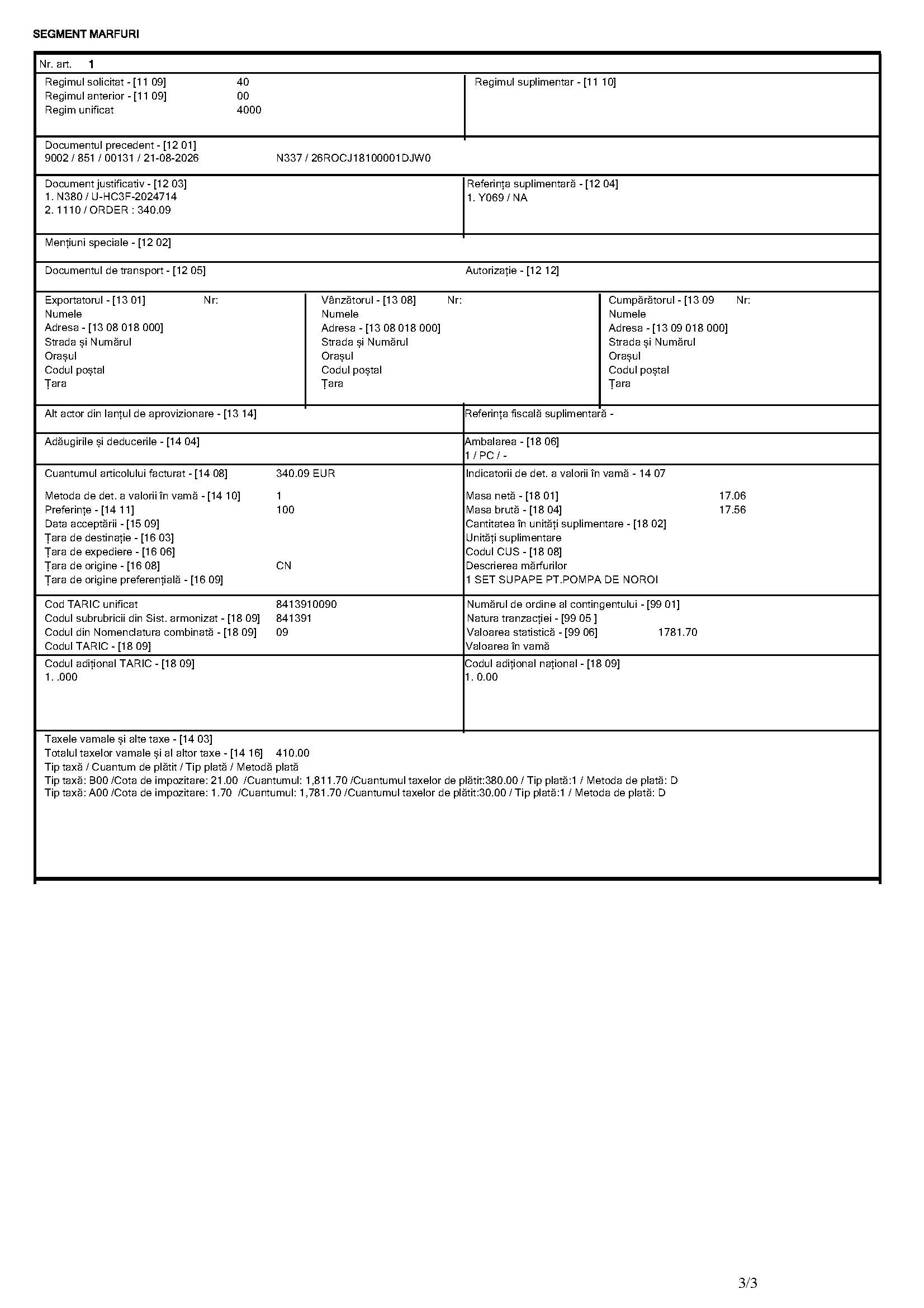 Romania import customs declaration page 3 HS 8413910090 duty VAT details