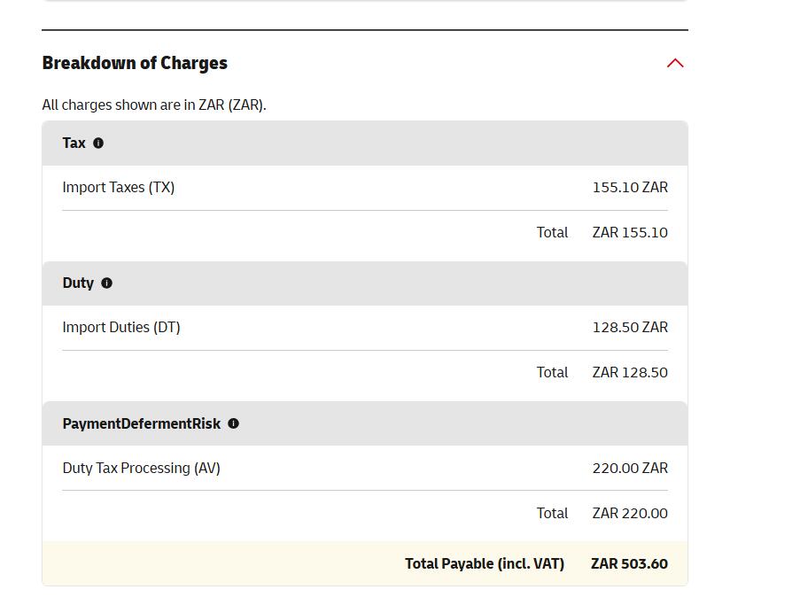 DHL South Africa import duties taxes processing charge breakdown ZAR 503.60