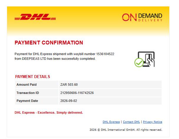 DHL South Africa payment confirmation ZAR 503.60 shipment 1536104522