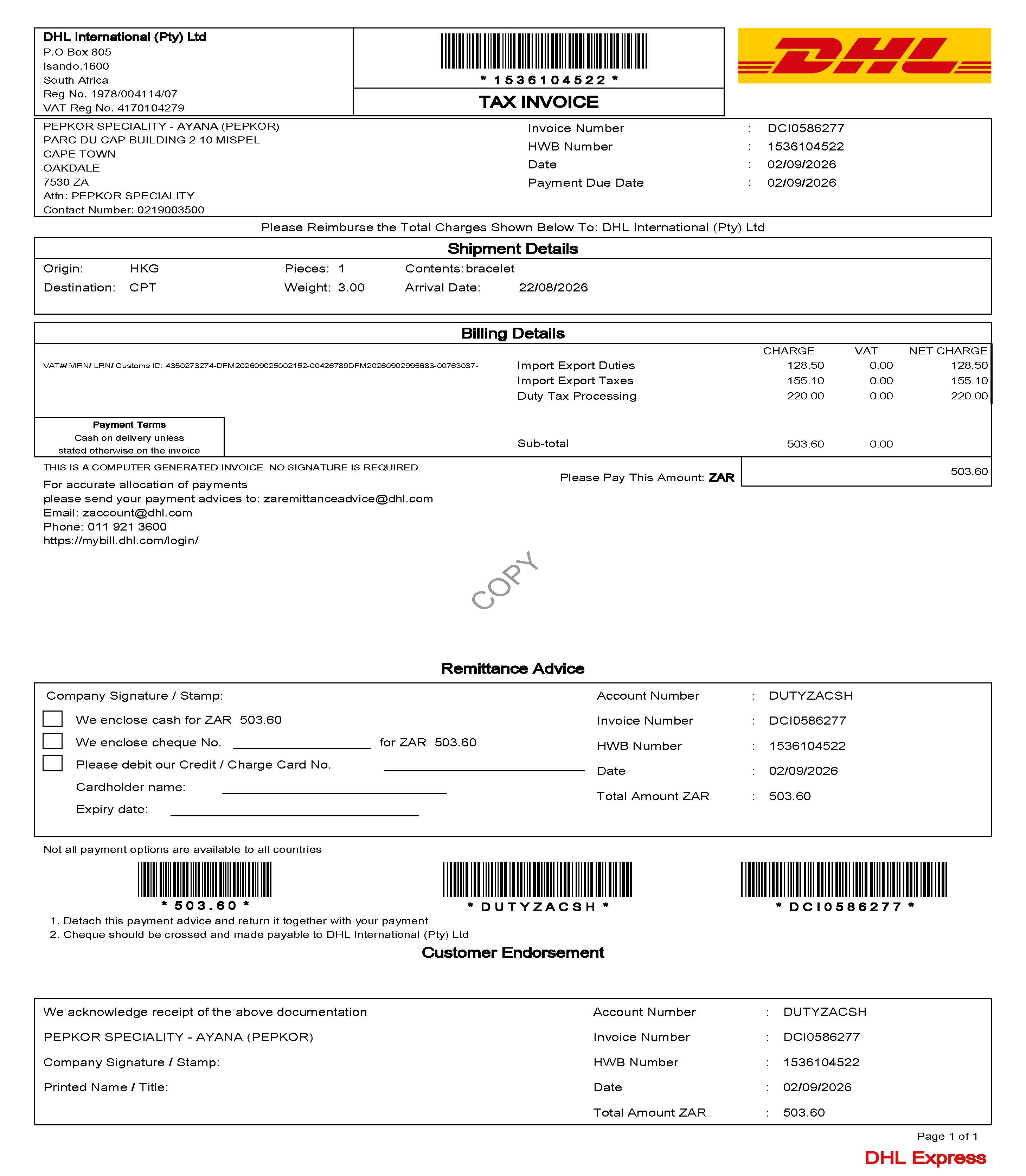 DHL South Africa tax invoice DCI0586277 shipment 1536104522