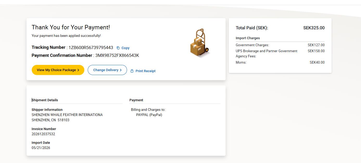 UPS Sweden payment confirmation SEK 325 sample
