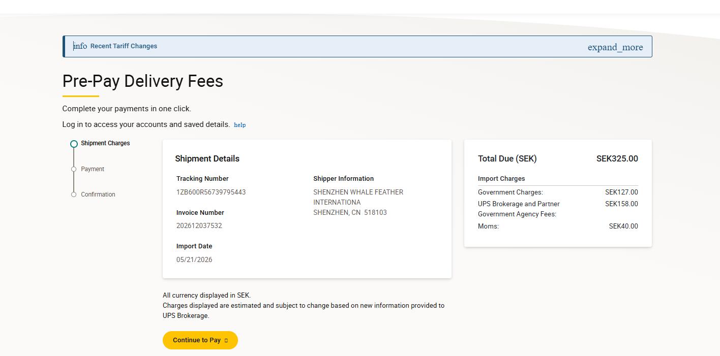 UPS Sweden pre-pay delivery fees SEK 325 sample