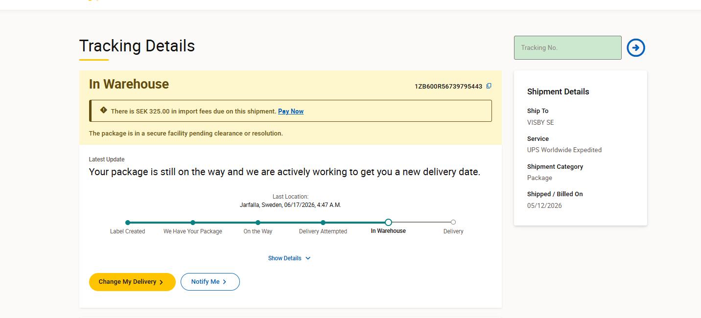 UPS Sweden tracking import fees due SEK 325 sample