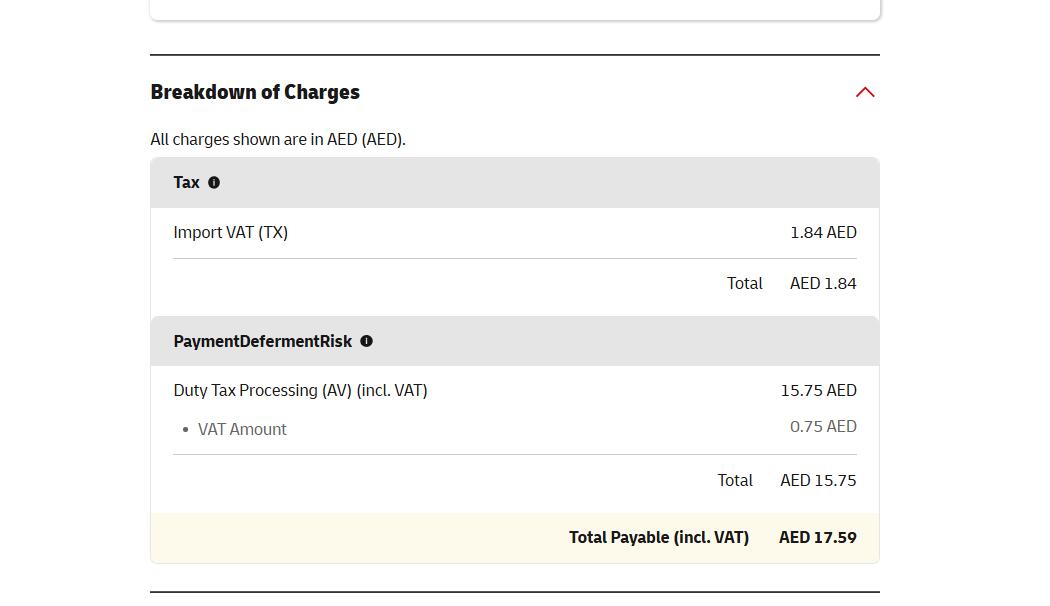 DHL UAE import VAT and duty tax processing breakdown AED 17.59