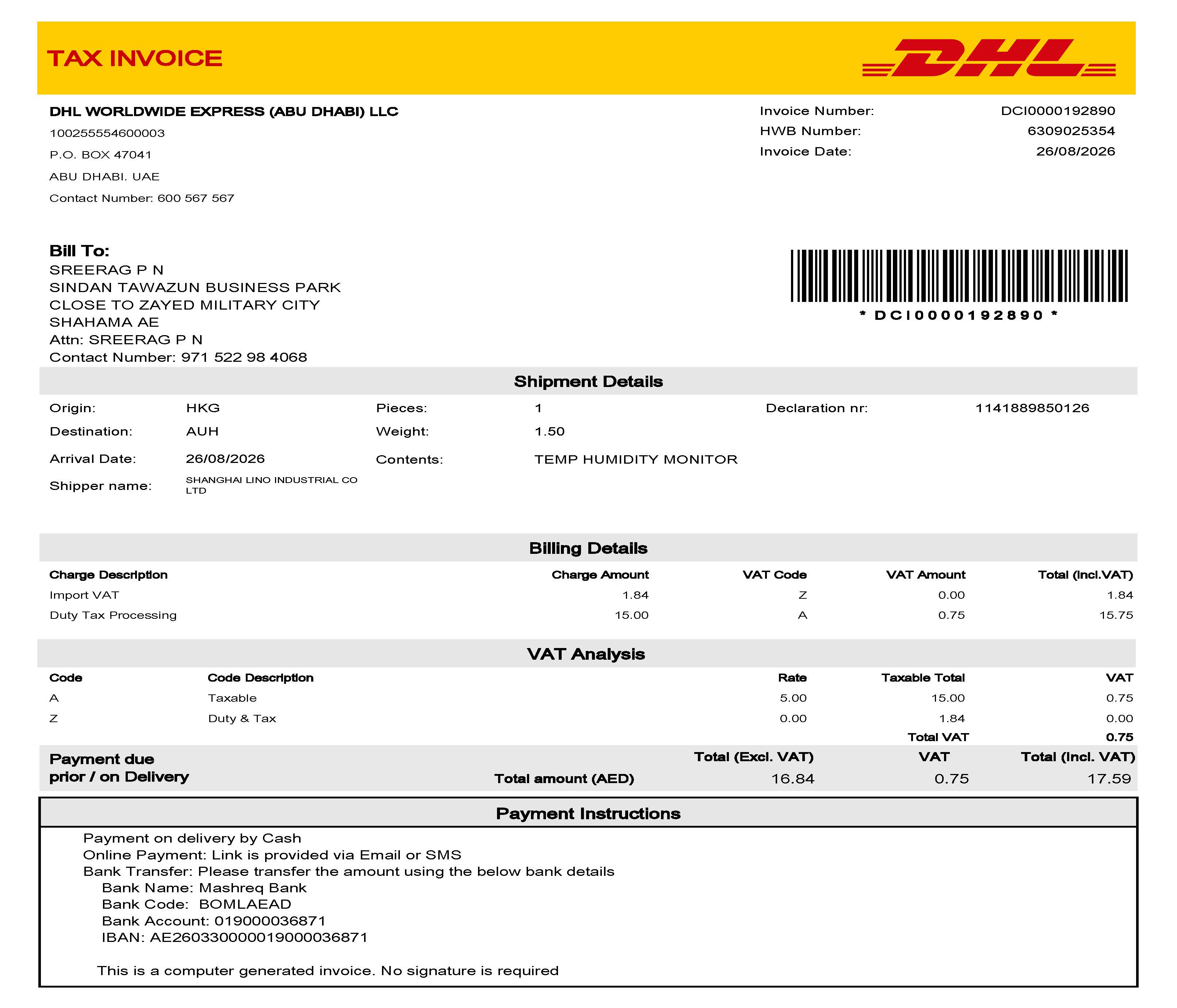 DHL UAE tax invoice DCI0000192890 total AED 17.59
