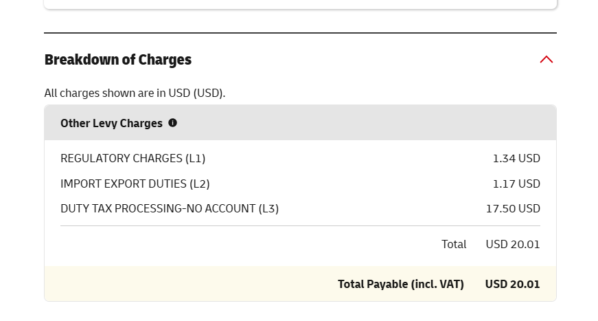 DHL other levy charges breakdown USD 20.01 for waybill 1579389884