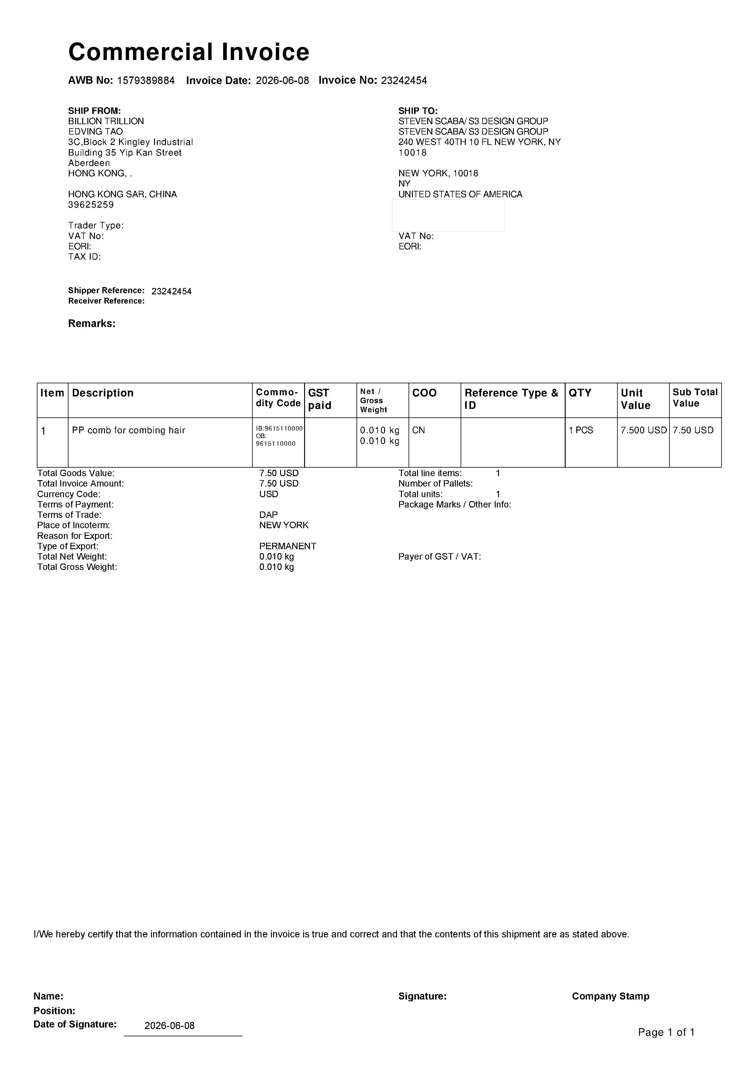 Commercial invoice for DHL waybill 1579389884 PP comb for combing hair