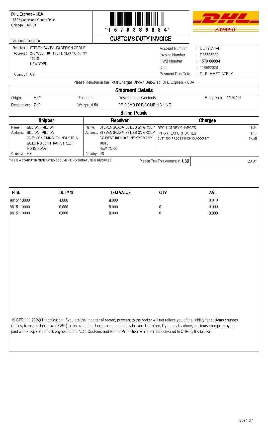 DHL Express USA customs duty invoice D35585909 for waybill 1579389884