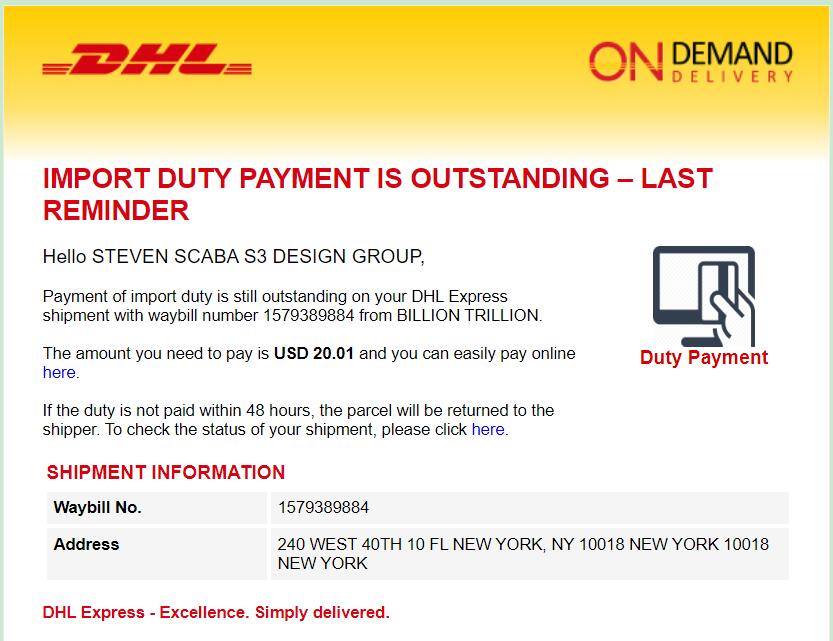 DHL On Demand Delivery import duty payment outstanding reminder for waybill 1579389884