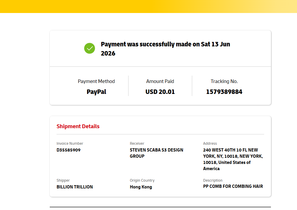 DHL payment success PayPal USD 20.01 for waybill 1579389884